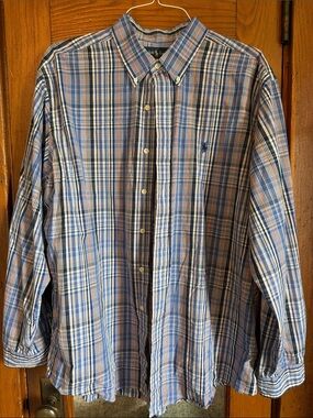 Ralph Lauren Blue and White with orange accent color. Plaid Button-Down Shirt
